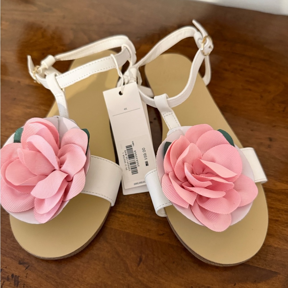 Janie and Jack White Sandals with Pink and Green Flower Sz 4 big girls nwt